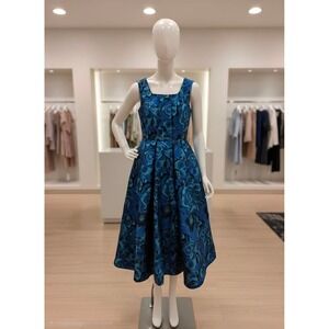 Jovani Blue Floral Brocade Midi Dress Sleeveless Pleated A-Line Cocktail Size 4